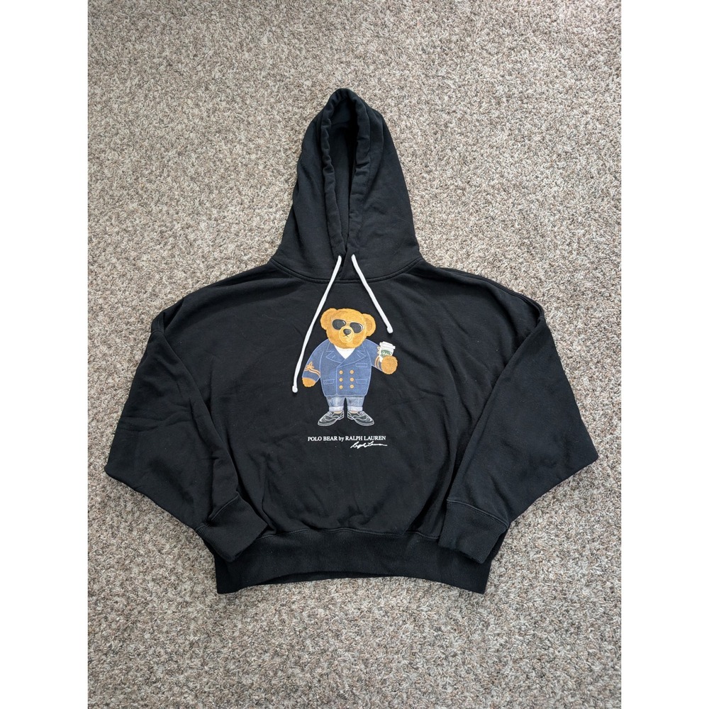 Polo Ralph Lauren Polo Bear Coffee Hoodie Black Cropped Fleece Pullover M